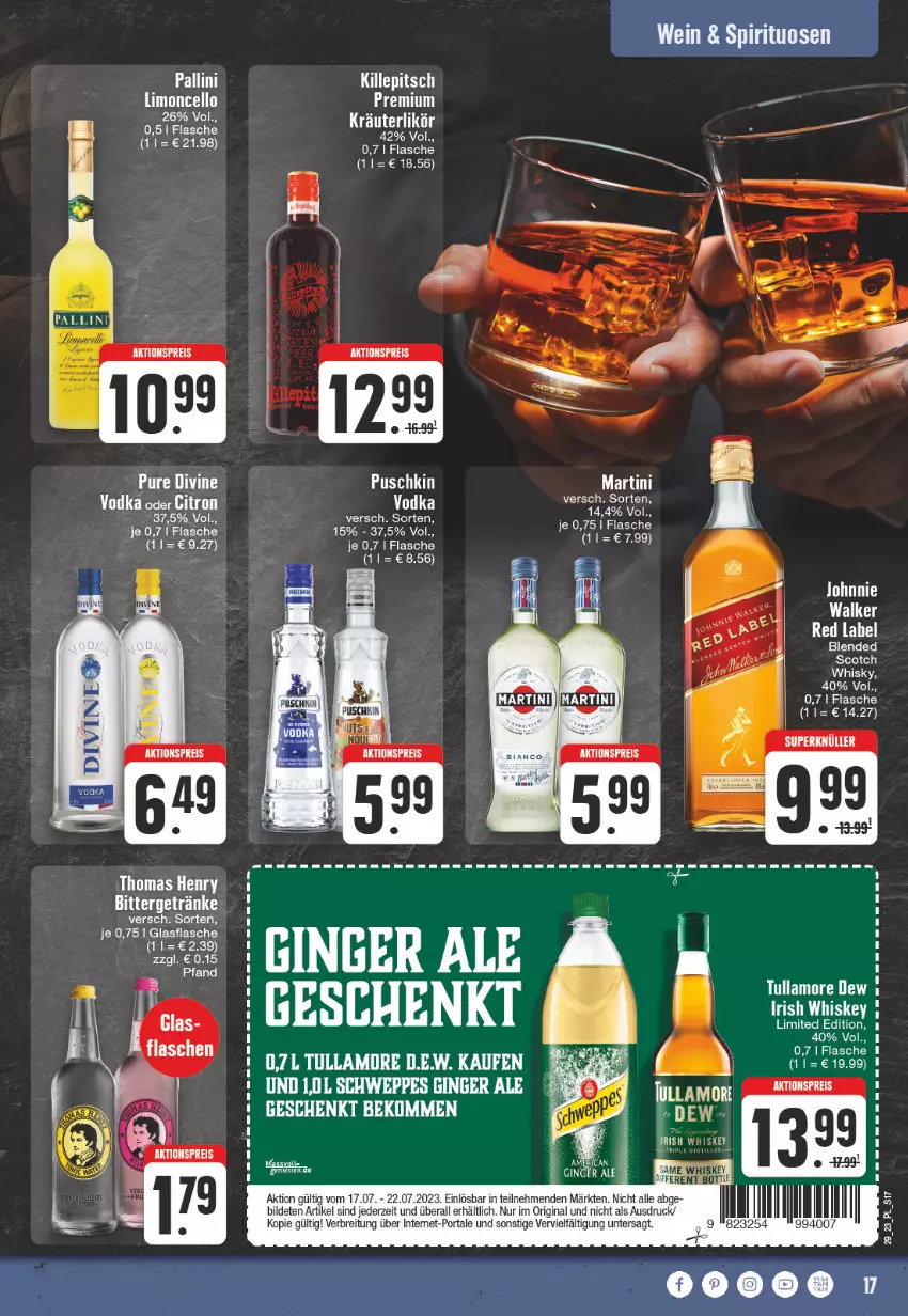 Aktueller Prospekt E Center - Angebote der Woche - von 17.07 bis 22.07.2023 - strona 17 - produkty: aktionspreis, blended scotch, blended scotch whisky, Brei, eis, flasche, getränk, getränke, gin, ginger, ginger ale, glasflasche, kräuter, kräuterlikör, LG, likör, limo, reis, scotch, scotch whisky, Ti, tullamore, tullamore dew, vodka, Wels, whisky