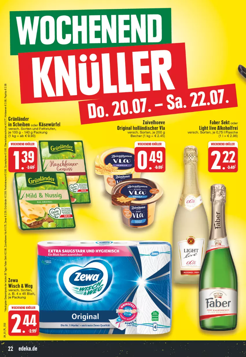 Aktueller Prospekt E Center - Angebote der Woche - von 17.07 bis 22.07.2023 - strona 22 - produkty: alkohol, Becher, beere, beeren, bratwurst, eis, flasche, gin, grünländer, gyros, himbeer, himbeere, himbeeren, Käse, paprika, pfanne, reis, rostbratwurst, Schal, Schale, schnitzel, sekt, würfel, wurst, zewa, ZTE