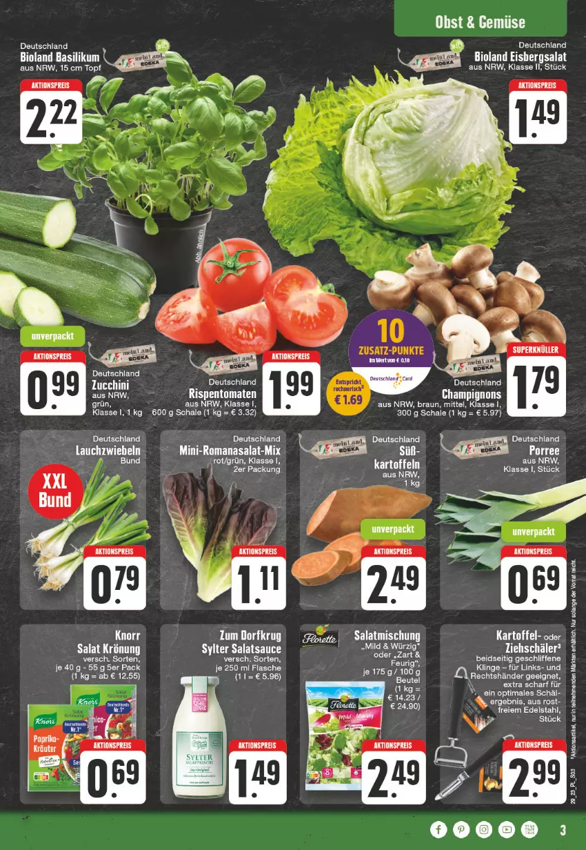 Aktueller Prospekt E Center - Angebote der Woche - von 17.07 bis 22.07.2023 - strona 3 - produkty: aktionspreis, basilikum, beutel, bio, bioland, braun, champignon, champignons, edelstahl, eis, eisbergsalat, flasche, kartoffel, kartoffeln, Lauchzwiebel, lauchzwiebeln, obst, reis, rispentomaten, Romanasalat, salat, salatsauce, sauce, Schal, Schale, Sylter, Ti, tomate, tomaten, topf, zwiebel, zwiebeln