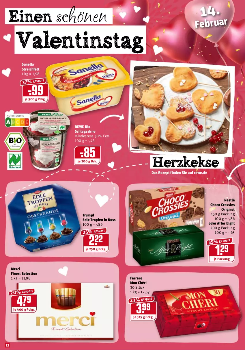 Aktueller Prospekt Rewe - Prospekte - von 08.02 bis 14.02.2021 - strona 12 - produkty: after eight, bio, choco crossies, crossies, ferrero, gin, keks, kekse, merci, Mon Chéri, nestlé, nuss, rewe bio, rezept, rum, sahne, schlagsahne, Ti