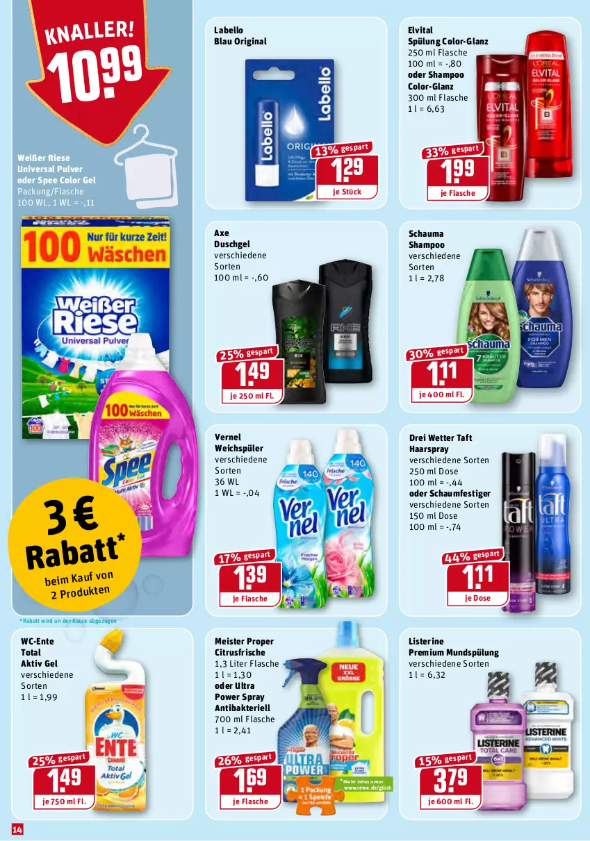 Aktueller Prospekt Rewe - Prospekte - von 08.02 bis 14.02.2021 - strona 14 - produkty: aktiv gel, axe, axe duschgel, citrus, drei wetter taft, duschgel, eis, elvital, ente, flasche, gin, haarspray, Labello, listerine, Meister, meister proper, mundspülung, oder schaumfestiger, schauma, schauma shampoo, schaumfestiger, shampoo, spee, spülung, Taft, Ti, universal pulver, vernel, vita, weichspüler