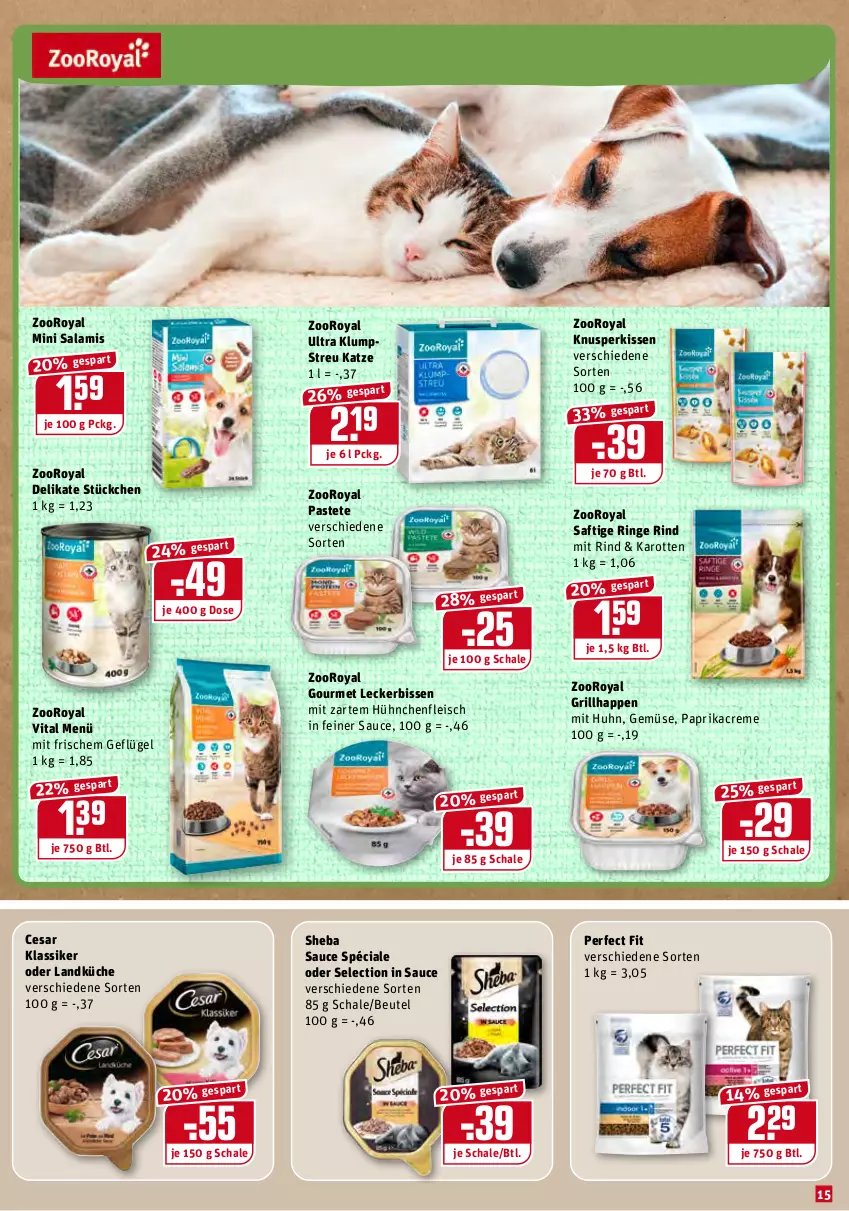 Aktueller Prospekt Rewe - Prospekte - von 08.02 bis 14.02.2021 - strona 15 - produkty: beutel, creme, eis, fleisch, Geflügel, grill, karotten, kissen, klumpstreu, küche, landküche, ndk, paprika, Paprikacreme, pastete, Perfect Fit, rind, ring, saft, salami, sauce, Schal, Schale, sheba, Ti, vita