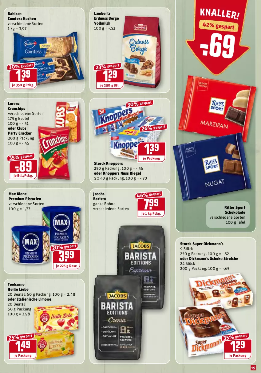 Aktueller Prospekt Rewe - Prospekte - von 08.02 bis 14.02.2021 - strona 19 - produkty: Amber, bahlsen, beutel, bohne, chips, comtess, comtess kuchen, cracker, crunchips, erdnuss, jacobs, knoppers, kuchen, lambertz, limo, lorenz, lorenz crunchips, milch, nuss, pistazien, riegel, ritter, ritter sport, schoko, schokolade, Sport, storck, tee, teekanne, vollmilch