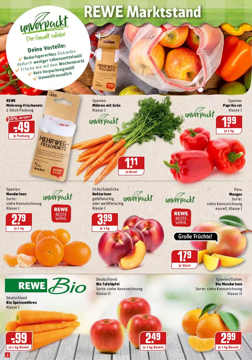 Aktueller Prospekt Rewe - Prospekte - von 08.02 bis 14.02.2021 - strona 2 - produkty: beutel, bio, eis, fleisch, früchte, lebensmittel, mandarine, mandarinen, mango, mangos, möhren, Nektar, nektarinen, paprika, paprika rot, rwe, speisemöhren, tafeläpfel