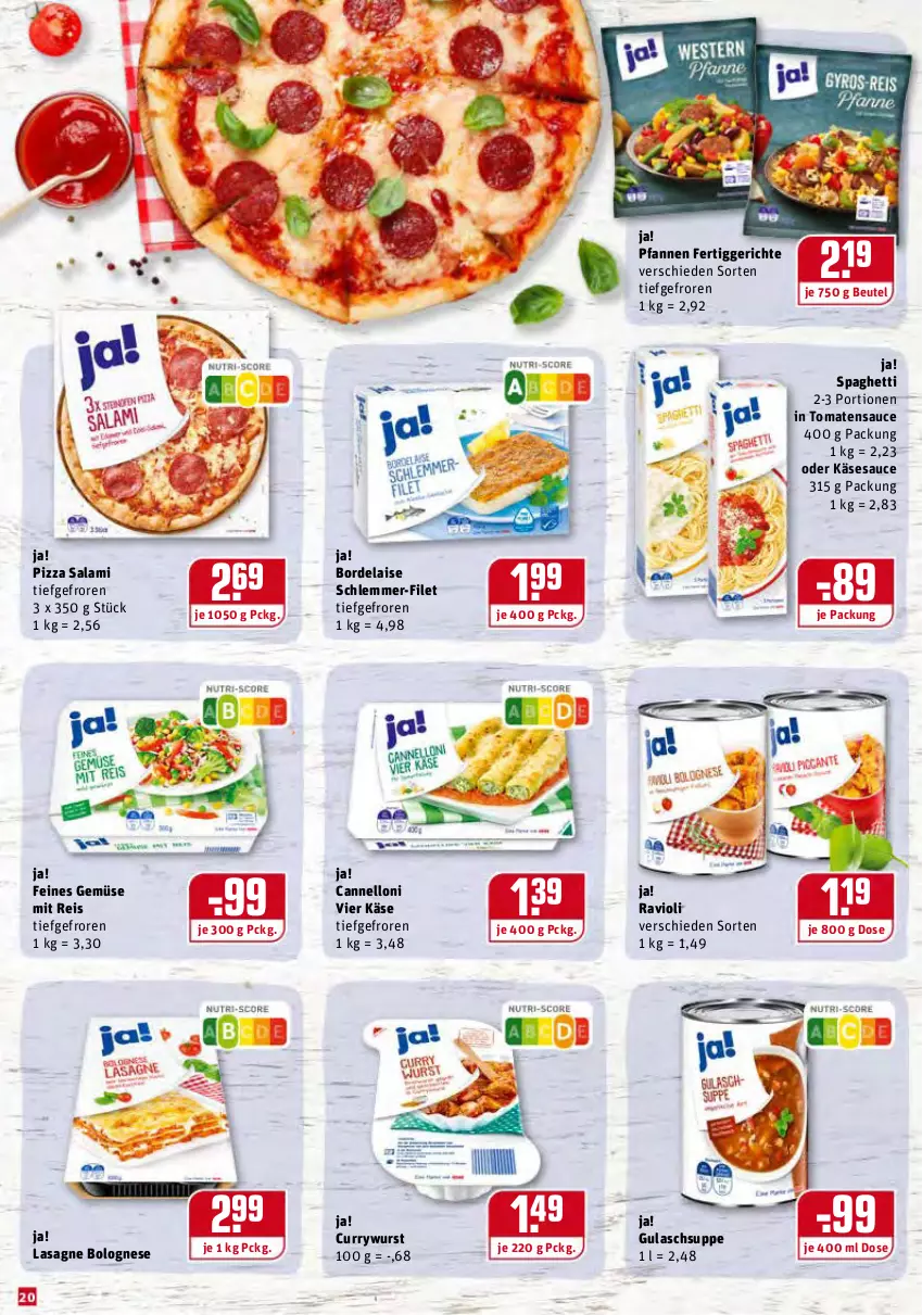 Aktueller Prospekt Rewe - Prospekte - von 08.02 bis 14.02.2021 - strona 20 - produkty: beutel, bolognese, bordelaise, curry, currywurst, eis, fertiggericht, fertiggerichte, filet, gulasch, Gulaschsuppe, Käse, lasagne, pfanne, pfannen, pizza, ravioli, reis, salami, sauce, schlemmer-filet, spaghetti, suppe, Ti, tomate, tomaten, tomatensauce, wurst