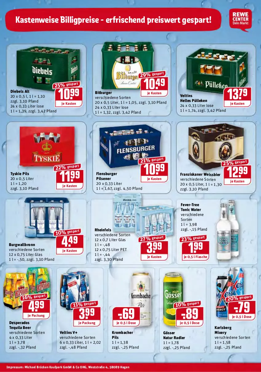 Aktueller Prospekt Rewe - Prospekte - von 08.02 bis 14.02.2021 - strona 28 - produkty: bier, bitburger, burger, burgwallbronn, desperados, diebels, eis, elle, fever-tree, flasche, flensburger, franziskaner, gösser, karlsberg, karlsberg mixery, krombache, krombacher, krombacher pils, Mixer, mixery, natur, natur radler, pils, pilsener, radler, reis, tequila, Ti, tonic, tonic water, tyskie, veltins, weissbier