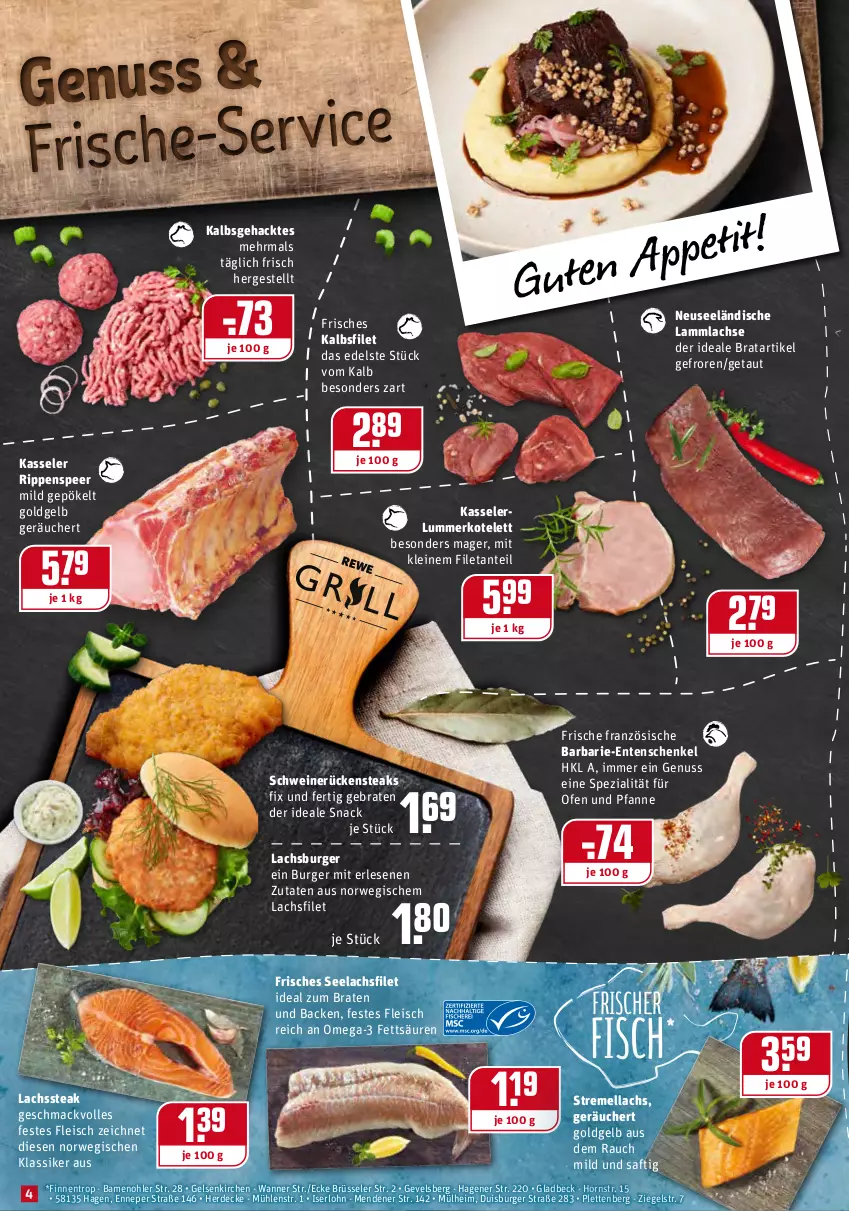 Aktueller Prospekt Rewe - Prospekte - von 08.02 bis 14.02.2021 - strona 4 - produkty: braten, bsf, burger, decke, eis, ente, Entenschenkel, erde, filet, fisch, fleisch, henkel, ideal zum braten, kasseler, kotelett, lachs, lachsfilet, lamm, lammlachse, leine, mac, nuss, Ofen, omega, Omega-3, pfanne, Rauch, Rippen, Rückensteak, rückensteaks, rwe, saft, schenkel, schwein, schweine, schweinerücken, seelachsfilet, snack, spee, Spezi, steak, steaks, Ti, und pfanne, Wanne, wein, weine