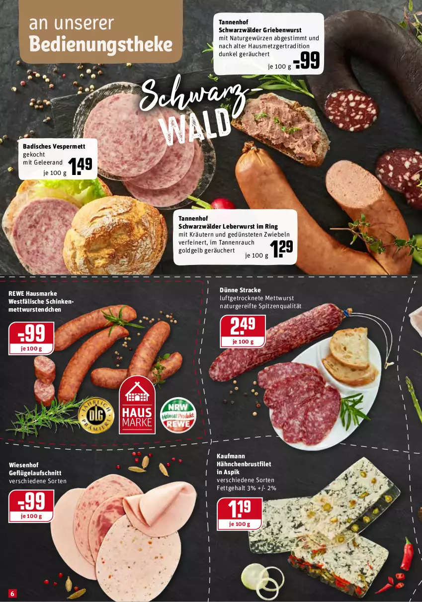 Aktueller Prospekt Rewe - Prospekte - von 08.02 bis 14.02.2021 - strona 6 - produkty: aufschnitt, Bad, brustfilet, filet, Geflügel, gelee, gewürz, hähnchenbrust, hähnchenbrustfilet, hausmarke, kräuter, kräutern, leberwurst, Mett, mettwurst, natur, Rauch, rewe hausmarke, ring, schinken, spitzenqualität, Ti, wiesenhof, wurst, zwiebel, zwiebeln