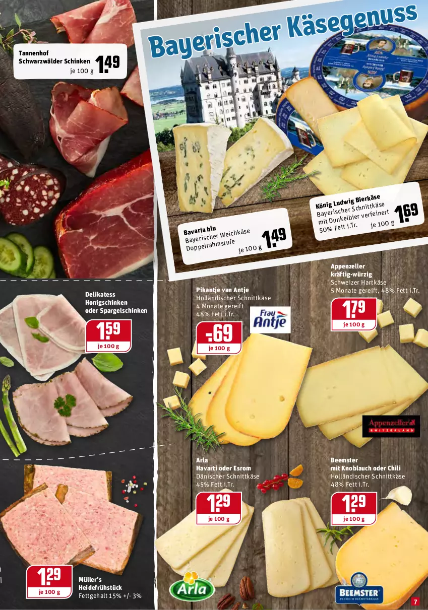 Aktueller Prospekt Rewe - Prospekte - von 08.02 bis 14.02.2021 - strona 7 - produkty: appenzeller, arla, Beemster, bier, chili, dänischer schnittkäse, elle, esrom, hartkäse, heidefrühstück, holländischer schnittkäse, honig, Käse, knoblauch, mit knoblauch, Müller, Ria, schinken, schnittkäse, schwarzwälder schinken, schweizer hartkäse, spargel, spargelschinken, Ti