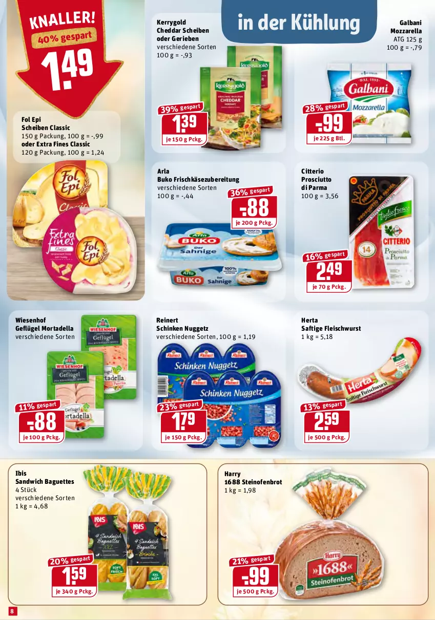 Aktueller Prospekt Rewe - Prospekte - von 08.02 bis 14.02.2021 - strona 8 - produkty: arla, arla buko, baguette, baguettes, brot, Buko, cheddar, dell, eis, fleisch, fleischwurst, fol epi, frischkäse, frischkäsezubereitung, galbani, Geflügel, herta, Käse, kerrygold, mortadella, mozzarella, Ofen, prosciutto, Prosciutto di Parma, reinert, rel, saft, sandwich, schinken, steinofen, Ti, wiesenhof, wurst