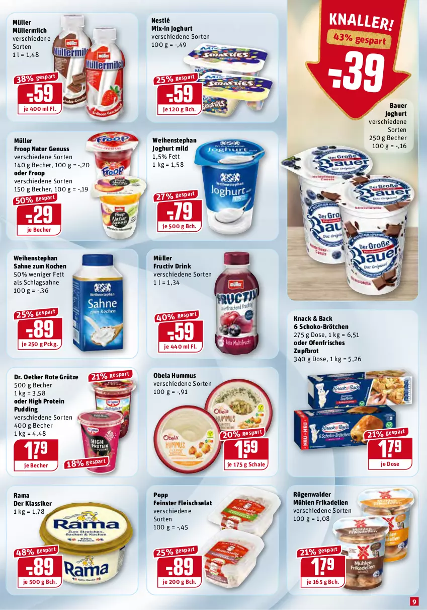 Aktueller Prospekt Rewe - Prospekte - von 08.02 bis 14.02.2021 - strona 9 - produkty: auer, Bau, Bauer, Becher, brot, brötchen, dell, Dr. Oetker, drink, eis, elle, fleisch, fleischsalat, frikadellen, froop, grütze, hummus, joghur, joghurt, joghurt mild, milch, Müller, müller froop, müllermilch, natur, nestlé, nuss, Ofen, Popp, pudding, rama, Rote Grütze, rügenwalder, rügenwalder mühle, sahne, salat, Schal, Schale, schlagsahne, schoko, Ti, weihenstephan