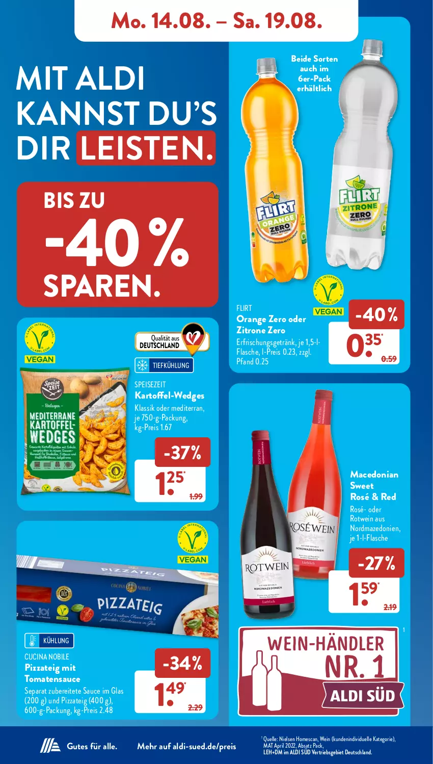 Aktueller Prospekt AldiSud - NÄCHSTE WOCHE - von 14.08 bis 19.08.2023 - strona 10 - produkty: aldi, cin, eis, elle, erfrischungsgetränk, flasche, getränk, kartoffel, mac, orange, pizza, Pizzateig, pril, reis, rotwein, sauce, Ti, tomate, tomaten, tomatensauce, wedges, wein, zitrone