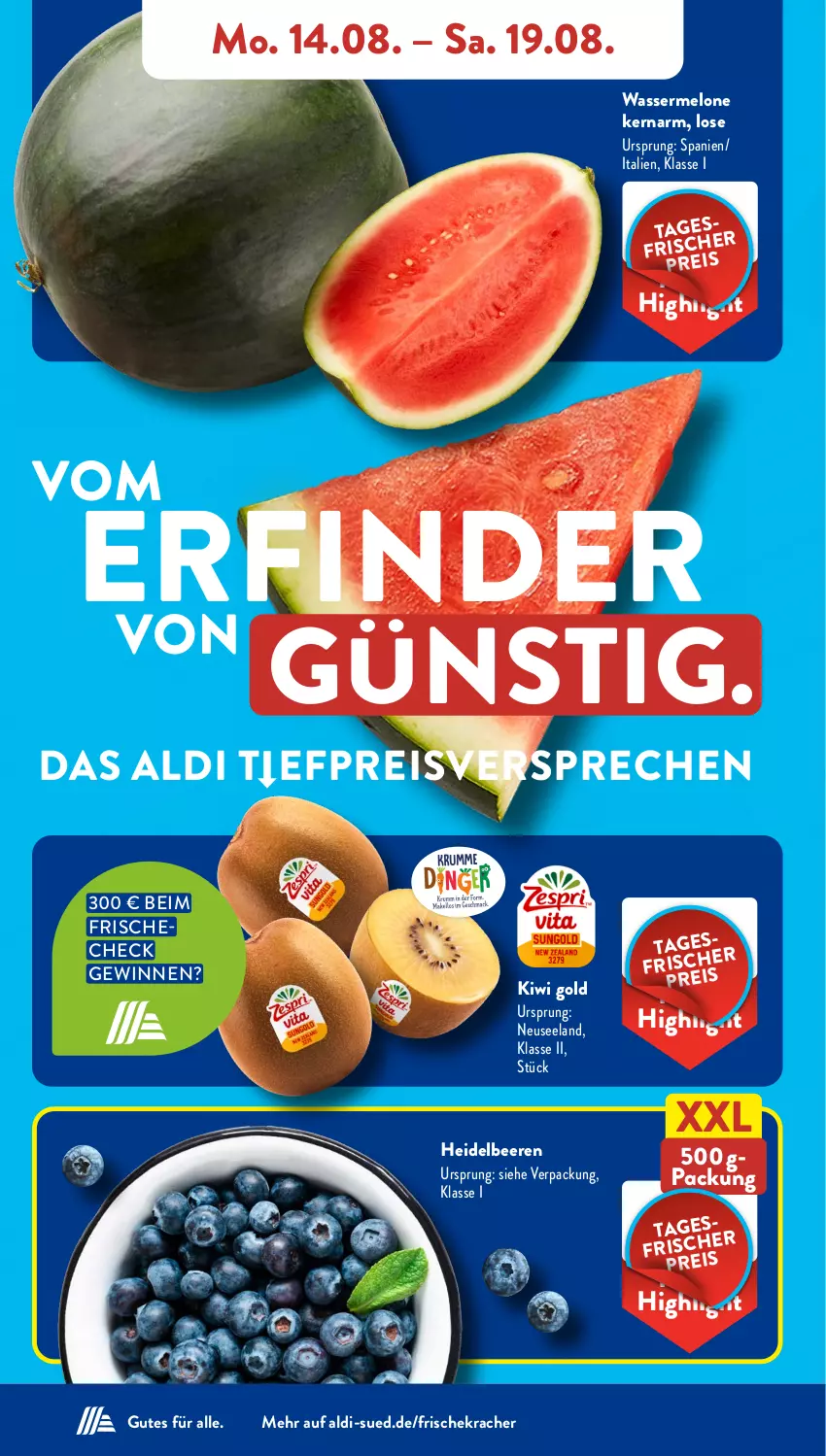 Aktueller Prospekt AldiSud - NÄCHSTE WOCHE - von 14.08 bis 19.08.2023 - strona 4 - produkty: aldi, beere, beeren, eis, Elan, heidelbeere, heidelbeeren, kiwi, Kiwi Gold, kracher, melone, reis, Ti, wasser, wassermelone