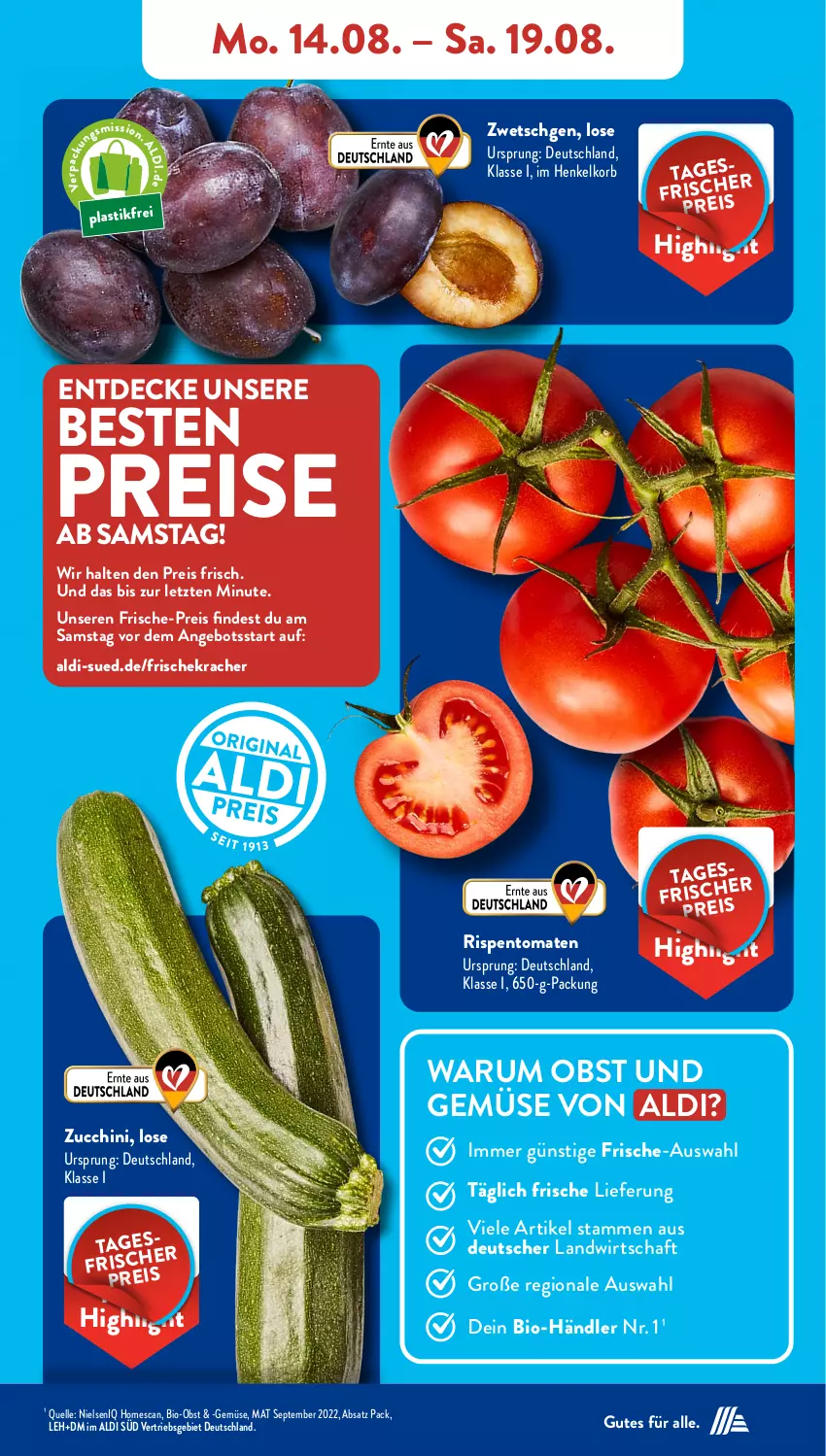 Aktueller Prospekt AldiSud - NÄCHSTE WOCHE - von 14.08 bis 19.08.2023 - strona 5 - produkty: aldi, angebot, asti, bio, Bio-Obst, decke, eis, elle, henkel, korb, kracher, obst, Obst und Gemüse, reis, rispentomaten, rum, Ti, tomate, tomaten, und gemüse, ZTE, zucchini