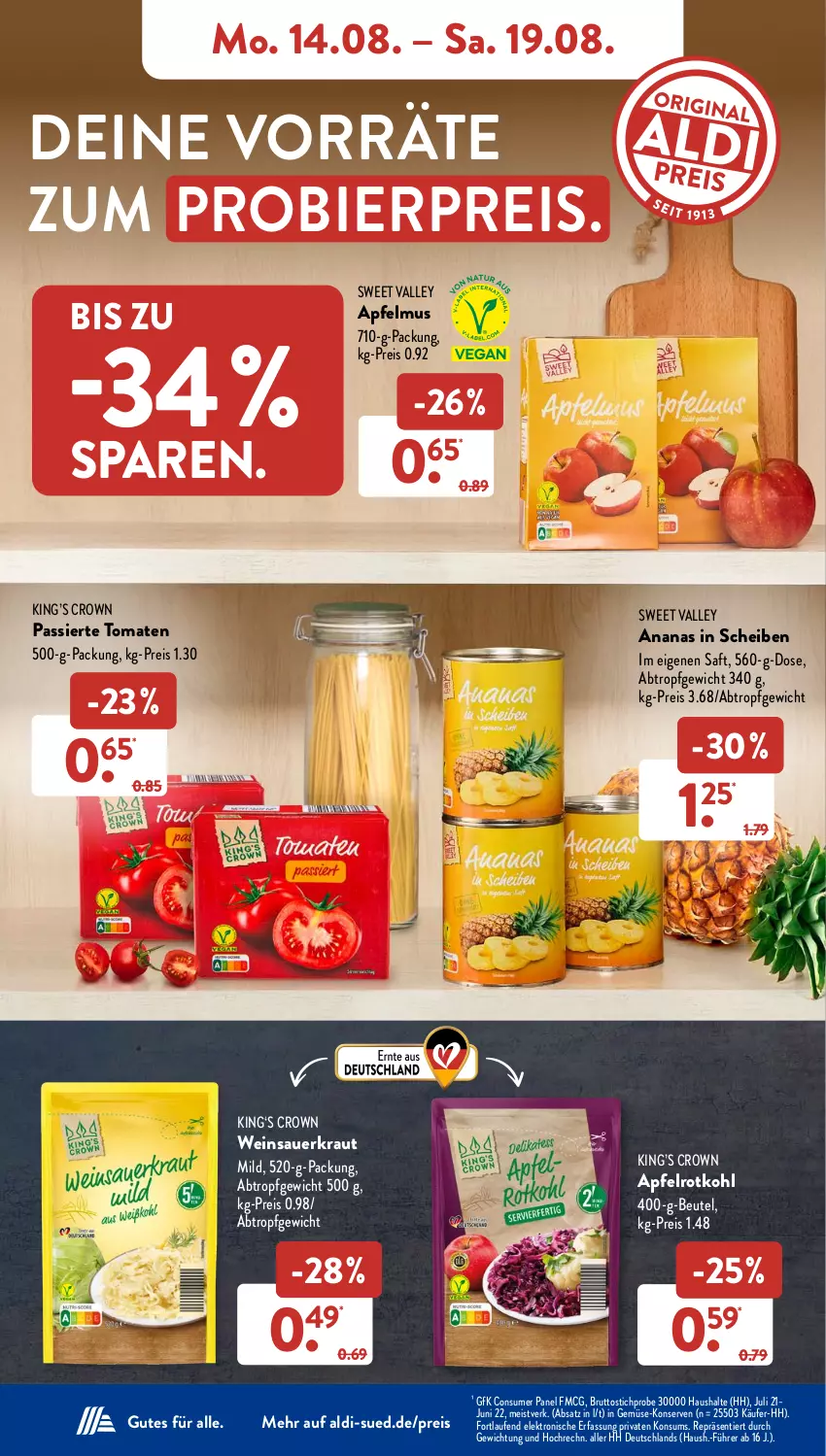 Aktueller Prospekt AldiSud - NÄCHSTE WOCHE - von 14.08 bis 19.08.2023 - strona 8 - produkty: aldi, ananas, apfel, apfelmus, auer, beutel, bier, brut, eis, Elektro, HP, Konserven, Kraut, Laufen, reis, rotkohl, saft, Sauerkraut, Ti, tomate, tomaten, wein, Weinsauerkraut