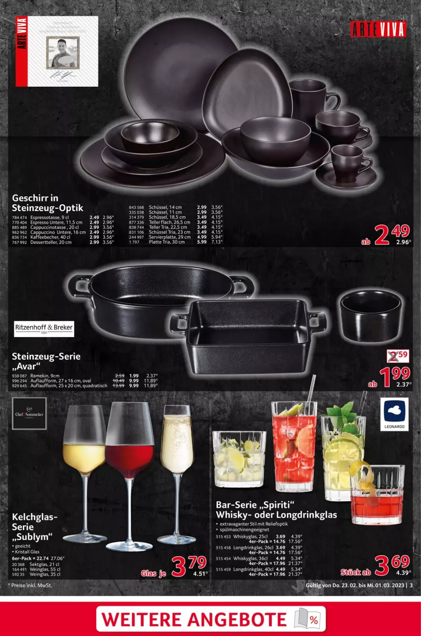 Aktueller Prospekt Selgros - Nonfood - von 23.02 bis 01.03.2023 - strona 3 - produkty: Becher, Cap, cappuccino, cin, dessert, Dessertteller, drink, eis, elle, espresso, geschirr, kaffee, kaffeebecher, latte, leonardo, quad, reis, rel, Ria, schüssel, sekt, spülmaschinen, tasse, teller, Ti, tisch, wein, whisky, Whiskyglas, Yo