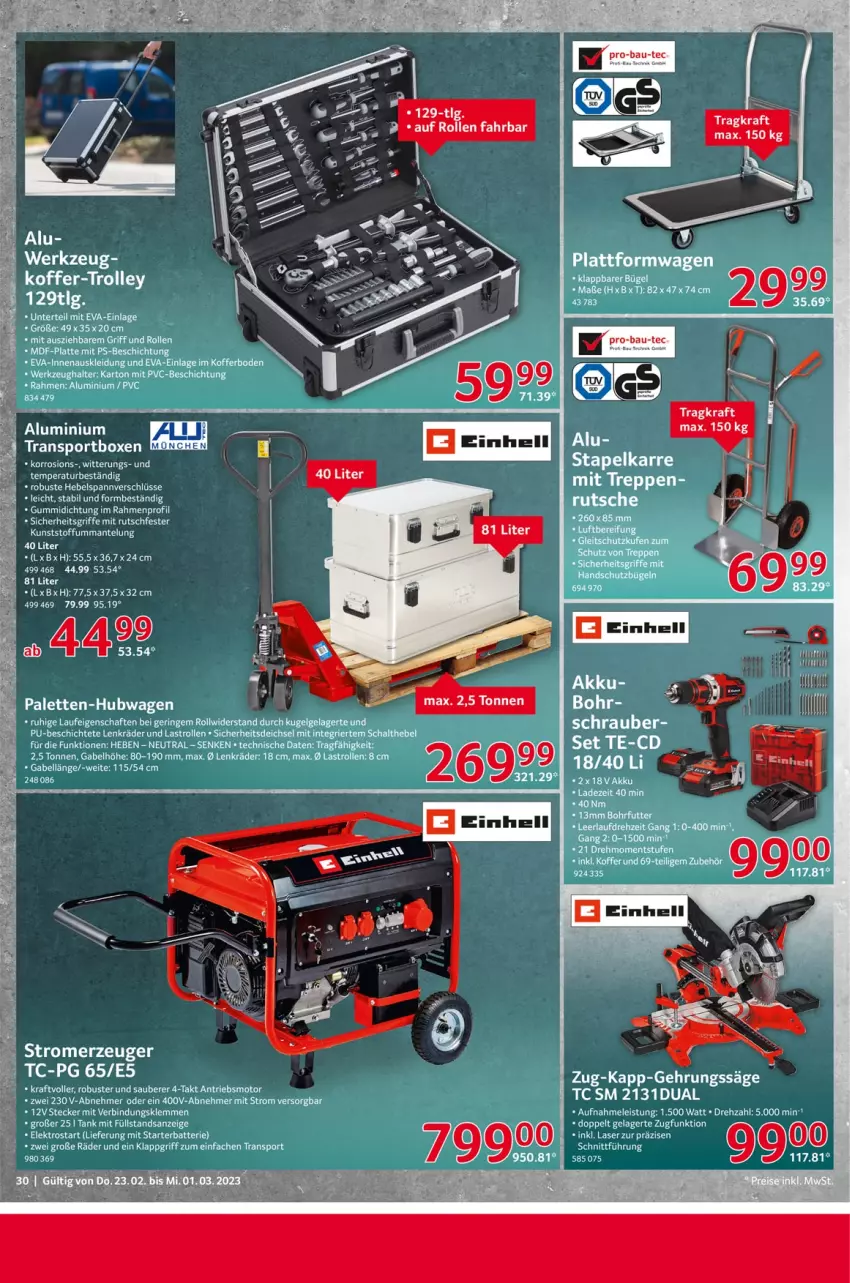 Aktueller Prospekt Selgros - Nonfood - von 23.02 bis 01.03.2023 - strona 30 - produkty: akku, batterie, bügel, eis, Elektro, Feigen, gabel, Gehrungssäge, kleid, Kleidung, koffer, kraft, Kugel, latte, LG, Mantel, Palette, ring, säge, Schal, Sport, Stromerzeuger, Ti, trolley, werkzeug, Werkzeughalter