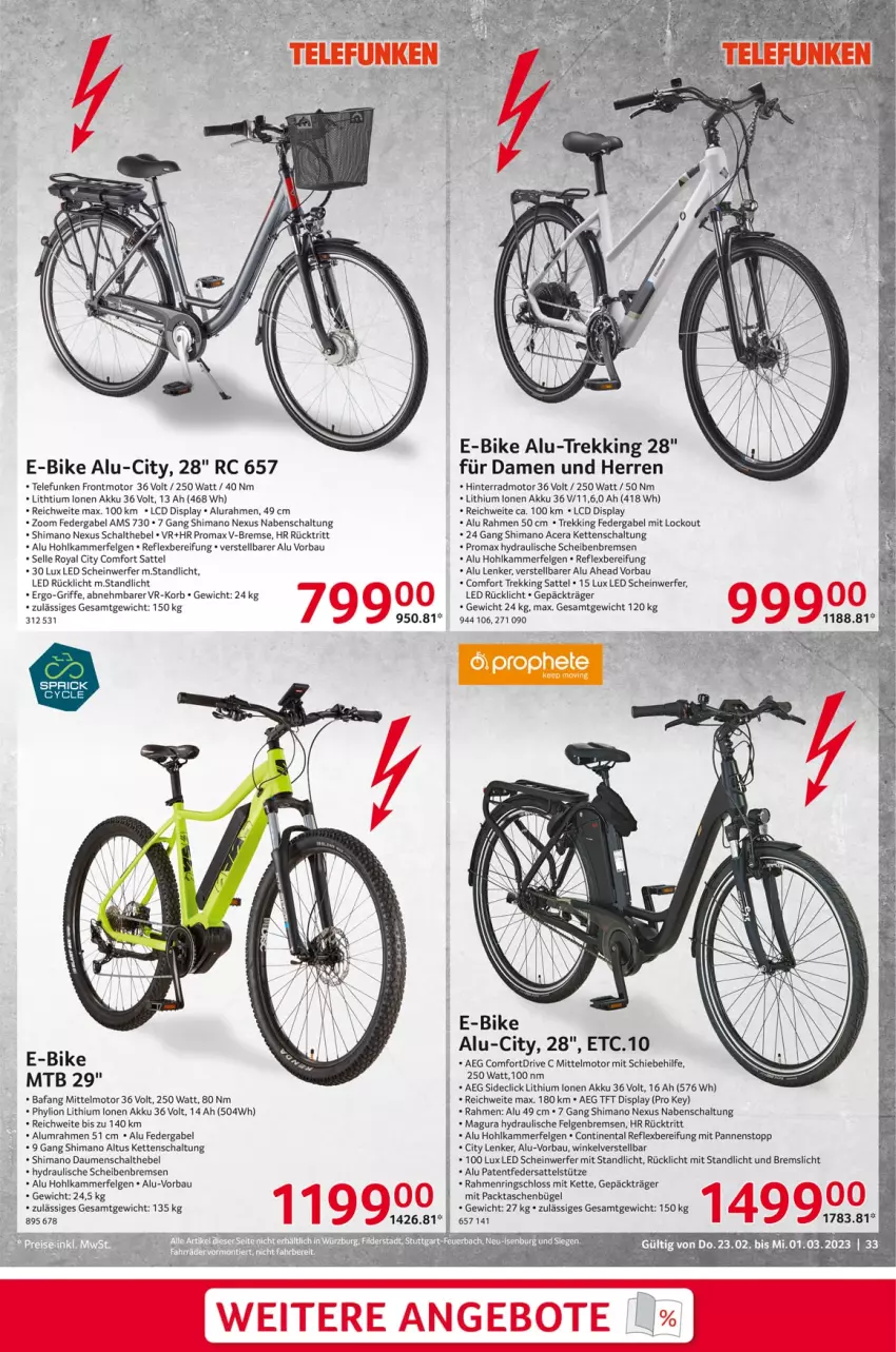 Aktueller Prospekt Selgros - Nonfood - von 23.02 bis 01.03.2023 - strona 33 - produkty: acer, aeg, akku, angebot, angebote, Bau, bügel, E-Bike, elle, felgen, gabel, Kette, korb, LG, lion, nexus, promax, ring, rücklicht, sattel, sattelstütze, Schal, shimano, Tasche, taschen, telefunken, Ti