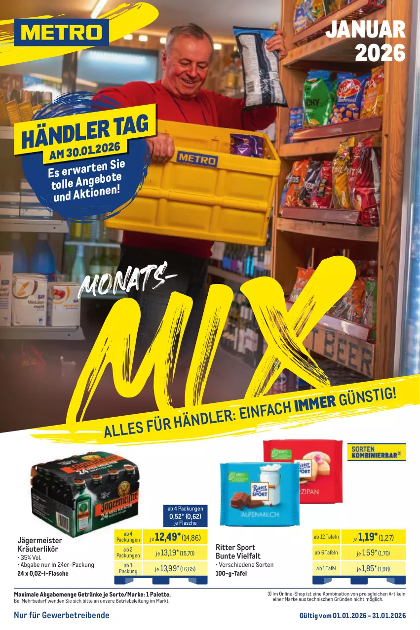 Aktueller Prospekt Metro - Monats-Mix - Seite 15 - von 01.01 bis 31.01.2026 - strona 1 - produkty: eis, flasche, Germ, getränk, getränke, jägermeister, kräuter, kräuterlikör, likör, Meister, Palette, reis, ritter, ritter sport, Sport, Ti