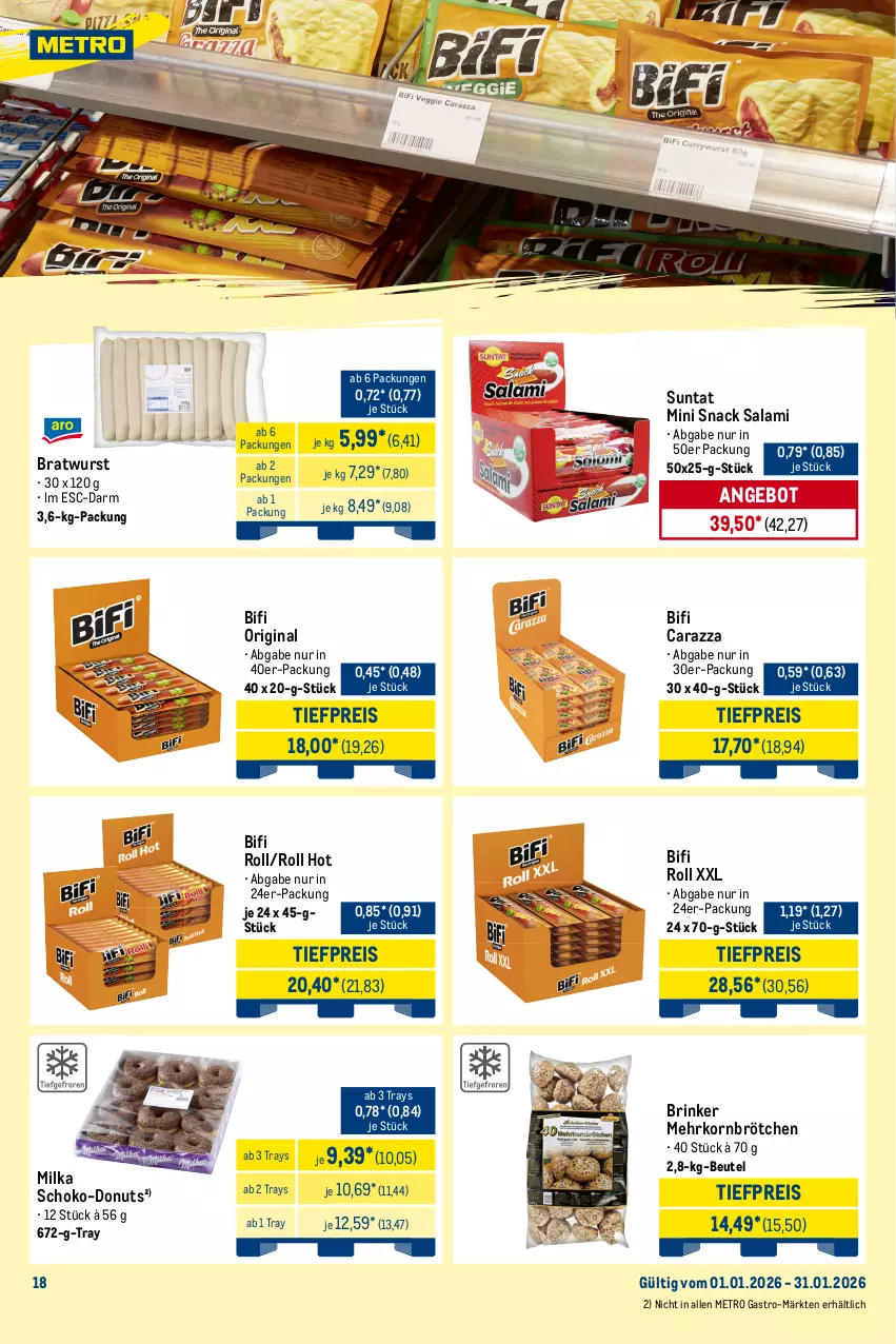 Aktueller Prospekt Metro - Monats-Mix - Seite 15 - von 01.01 bis 31.01.2026 - strona 18 - produkty: angebot, beutel, bifi, bratwurst, brötchen, Donut, donuts, eis, flasche, getränk, getränke, gin, korn, mehrkornbrötchen, Metro, metro gastro, milka, Palette, reis, salami, schoko, snack, Ti, tiefpreis, wodka, wurst