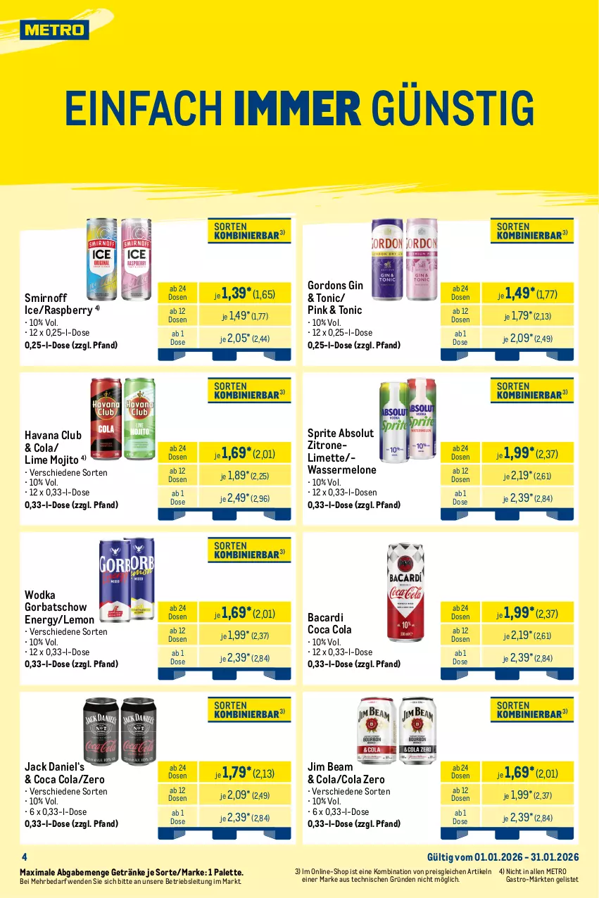 Aktueller Prospekt Metro - Monats-Mix - Seite 15 - von 01.01 bis 31.01.2026 - strona 4 - produkty: bacardi, bier, bree, burgunder, chardonnay, cola, decke, eis, elle, ente, erdinger, flasche, frucht, getränk, getränke, gin, Gorbatschow, gordon, gordons, grauburgunder, Havana Club, honig, jack daniel, jim beam, limette, maracuja, melone, Metro, metro gastro, Mett, mojito, Palette, pfirsich, pils, raspberry, reis, Rivaner, sauvignon, smirnoff, sprite, Ti, tiefpreis, tonic, vin de france, wasser, wassermelone, wein, Weißwein, wodka, zitrone