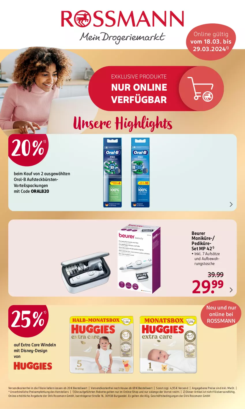 Aktueller Prospekt Rossmann - Prospekte - von 18.03 bis 29.03.2024 - strona 1 - produkty: angebot, angebote, aufbewahrungstasche, aufsteckbürsten, beurer, bürste, bürsten, disney, eis, elle, LG, ndk, oral-b, oralb, reis, Tasche, teller, Ti, versandkostenfrei, wedel, windeln