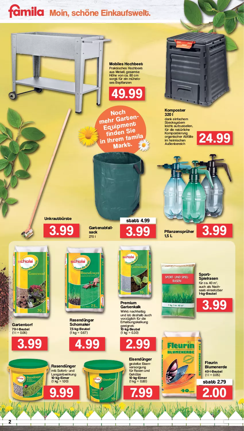 Aktueller Prospekt Famila - Prospekte - von 14.02 bis 19.02.2022 - strona 2 - produkty: beutel, blume, blumen, blumenerde, bürste, dünger, eimer, eis, elle, erde, Garten, Komposter, Kraut, pflanze, pflanzen, rasen, rasendünger, sac, Sport, Stier, Ti, tisch