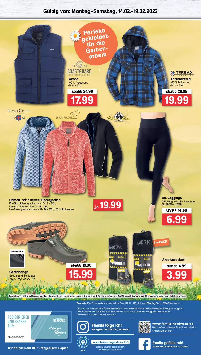 Aktueller Prospekt Famila - Prospekte - von 14.02 bis 19.02.2022 - strona 4 - produkty: Arbeitssocken, auer, Clogs, drucker, eis, Engel, Fleecejacke, Garten, gin, hemd, Jacke, kerze, kleid, leggings, LG, papier, Rauch, regal, reis, rwe, Schal, Schale, socken, Strickfleecejacke, Strickjacke, Ti, Weste