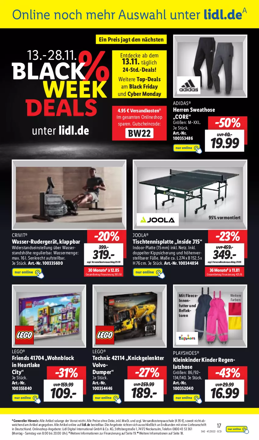 Aktueller Prospekt Lidl - Aktionsprospekt - von 21.11 bis 26.11.2022 - strona 17 - produkty: Adidas, angebot, angebote, crivit, decke, eis, elle, friday, gutschein, hose, Kinder, lack, latte, Latzhose, lays, LEGO®, ndk, reis, rel, Schal, Schale, Sweathose, Technic, telefon, Ti, tisch, uhr, wasser