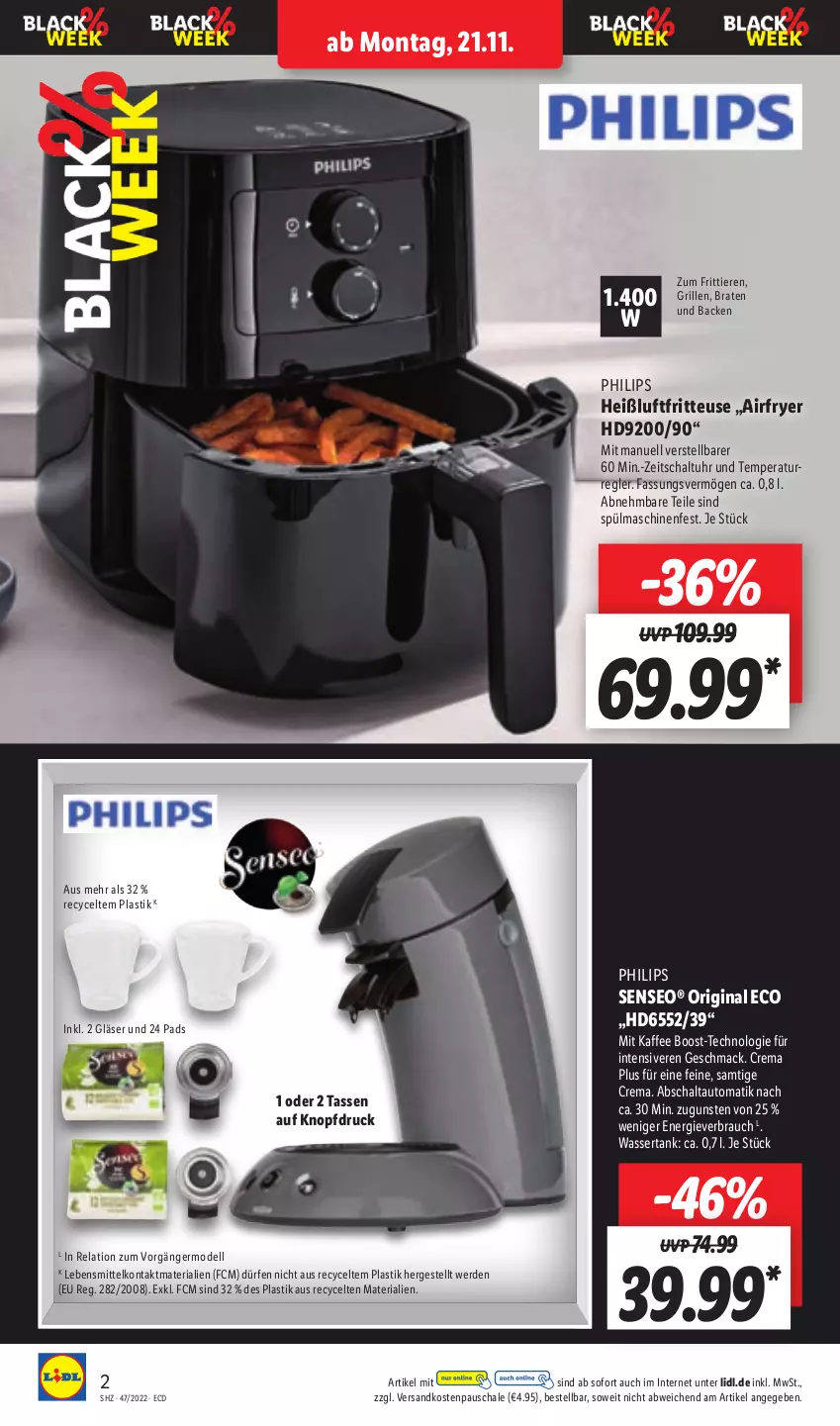 Aktueller Prospekt Lidl - Aktionsprospekt - von 21.11 bis 26.11.2022 - strona 2 - produkty: Airfryer, asti, auto, braten, dell, erde, fritteuse, Germ, gin, Gläser, grill, Heißluftfritteuse, kaffee, lebensmittel, mac, Mode, ndk, Philips, Rauch, rel, Ria, Schal, Schale, senseo, spülmaschinen, tasse, Ti, Tiere, uhr, wasser, wassertank