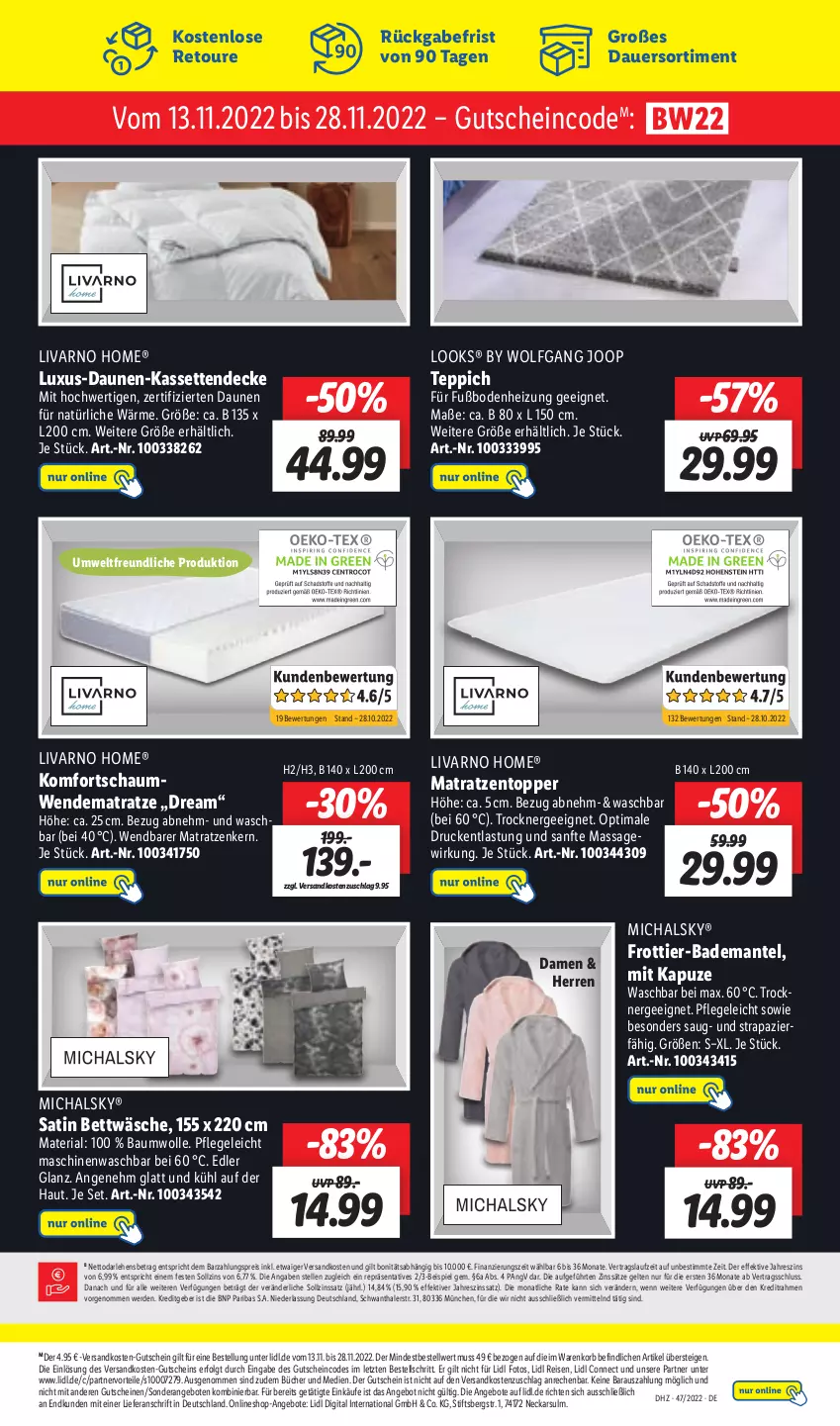 Aktueller Prospekt Lidl - Aktionsprospekt - von 21.11 bis 26.11.2022 - strona 23 - produkty: angebot, angebote, auer, Bad, Bademantel, Bau, baumwolle, bett, bettwäsche, decke, eis, elle, erde, Ergee, gutschein, gutscheine, Kassettendecke, korb, LG, Mantel, matratze, matratzen, Matratzentopper, ndk, reis, Ria, teppich, Ti, topper, Trockner, wendematratze, wolle, ZTE