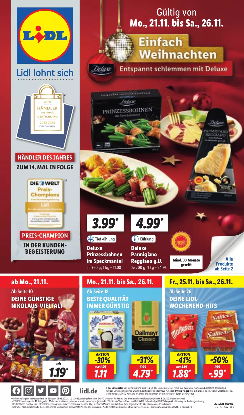 Aktueller Prospekt Lidl - Aktionsprospekt - von 21.11 bis 26.11.2022 - strona 29 - produkty: angebot, angebote, Bad, bio, bohne, bohnen, champion, discount, eis, erde, lebensmittel, LG, Liege, Mantel, parmigiano, parmigiano reggiano, pril, prinzessbohnen, reggiano, reis, Speck, Ti