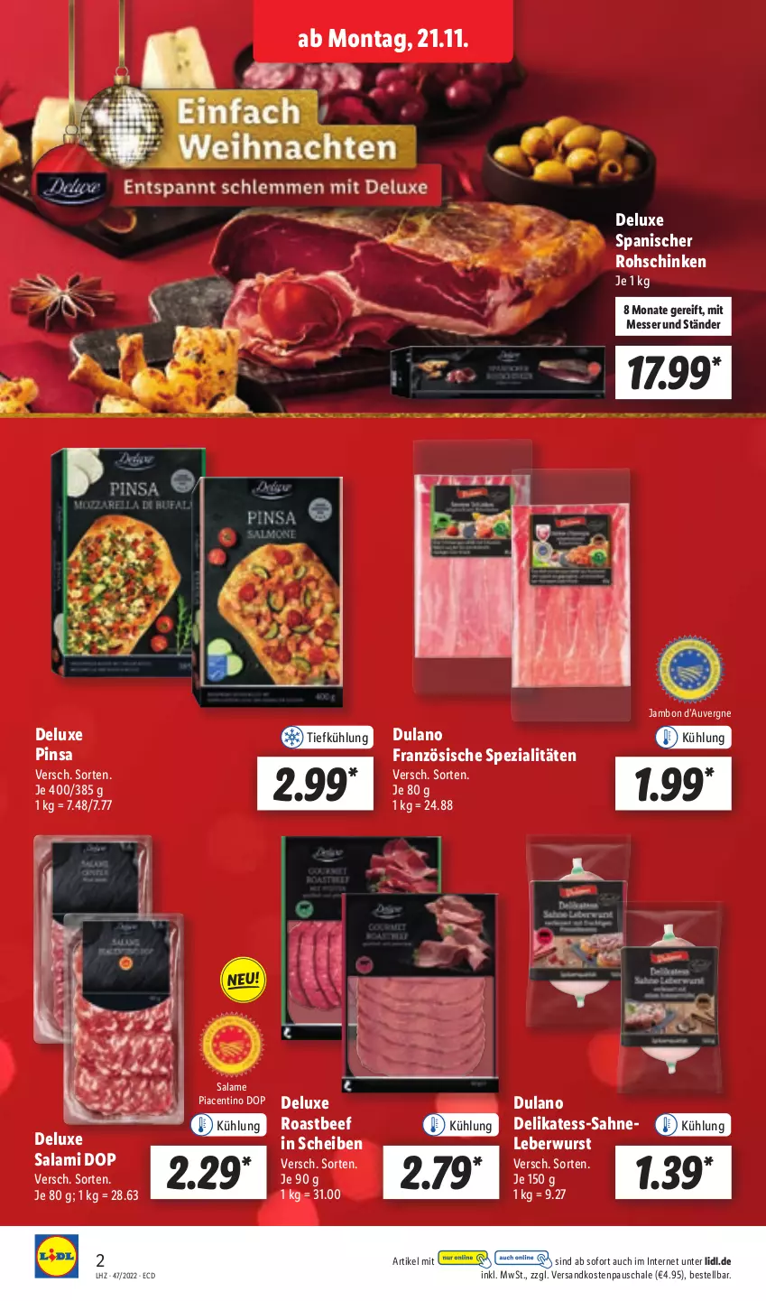 Aktueller Prospekt Lidl - Aktionsprospekt - von 21.11 bis 26.11.2022 - strona 30 - produkty: beef, dulano, leberwurst, messer, ndk, roastbeef, rohschinken, sahne, salami, Schal, Schale, schinken, Spezi, Ti, wurst