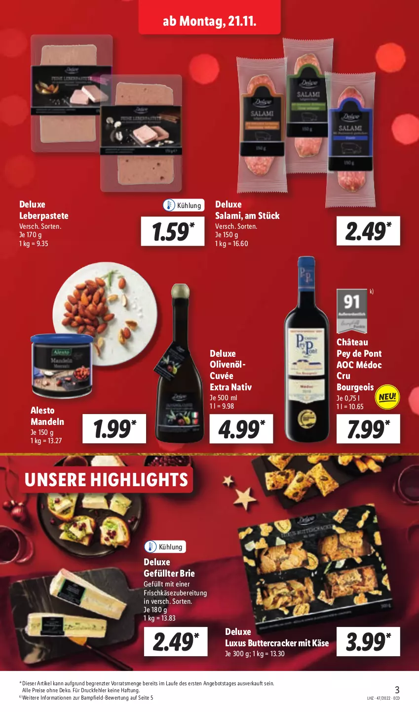 Aktueller Prospekt Lidl - Aktionsprospekt - von 21.11 bis 26.11.2022 - strona 31 - produkty: alesto, angebot, brie, butter, cracker, cuvée, eis, frischkäse, frischkäsezubereitung, Käse, mandel, mandeln, olive, oliven, olivenöl, pastete, reis, salami, Ti, ZTE