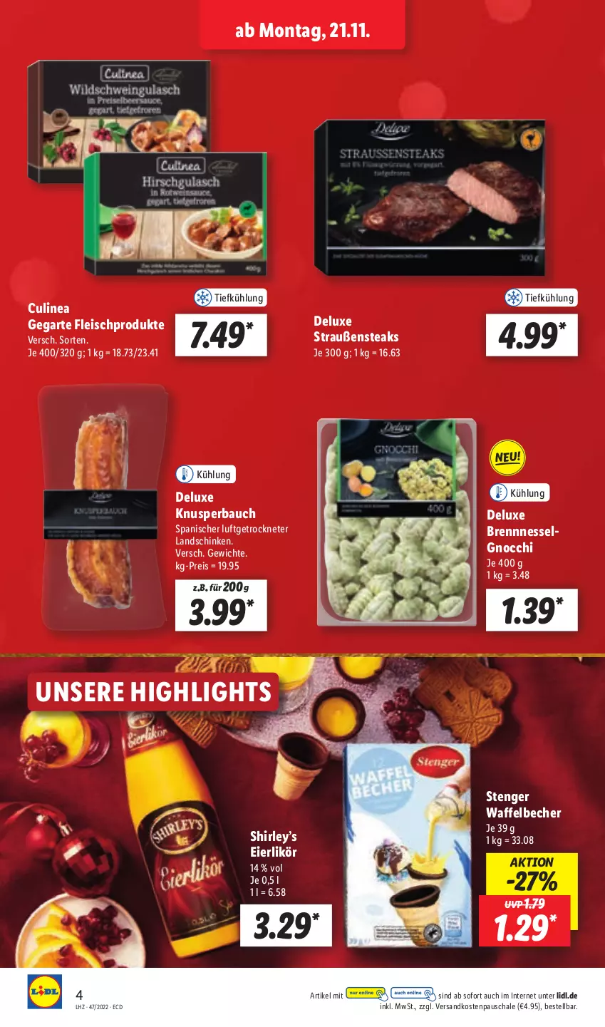 Aktueller Prospekt Lidl - Aktionsprospekt - von 21.11 bis 26.11.2022 - strona 32 - produkty: Bau, Becher, eier, eierlikör, eis, fleisch, gnocchi, HP, landschinken, LG, likör, ndk, reis, Schal, Schale, schinken, steak, steaks, Ti