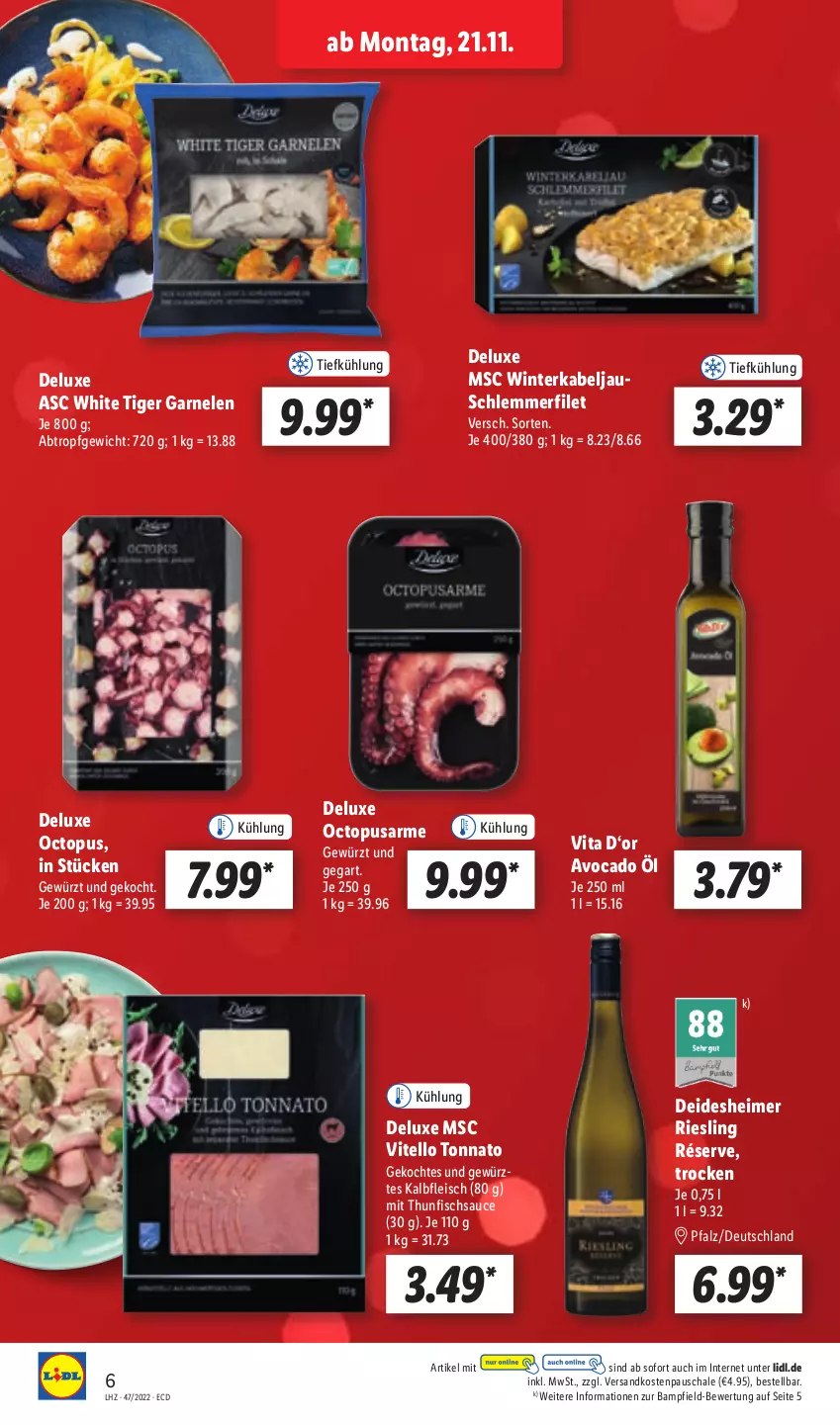 Aktueller Prospekt Lidl - Aktionsprospekt - von 21.11 bis 26.11.2022 - strona 34 - produkty: avocado, eimer, eis, filet, fisch, fleisch, garnelen, gewürz, Kalbfleisch, ndk, riesling, sauce, Schal, Schale, schlemmerfilet, thunfisch, Ti, vita, Vitello Tonnato, ZTE