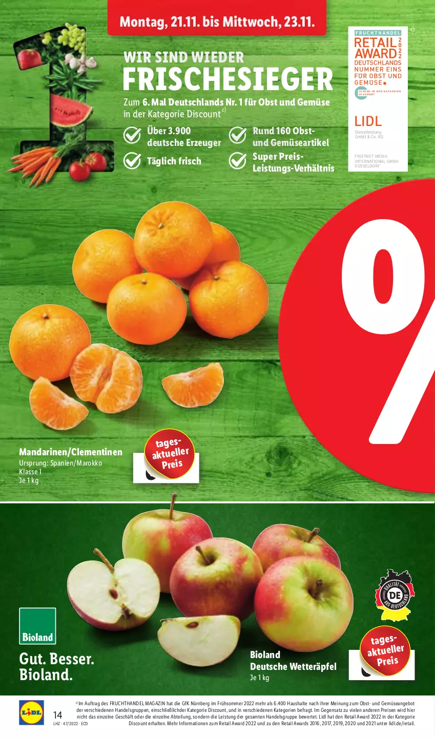 Aktueller Prospekt Lidl - Aktionsprospekt - von 21.11 bis 26.11.2022 - strona 42 - produkty: Abtei, angebot, bio, bioland, clementinen, discount, eis, elle, ente, frucht, magazin, mandarine, mandarinen, obst, Obst und Gemüse, reis, Ti, und gemüse