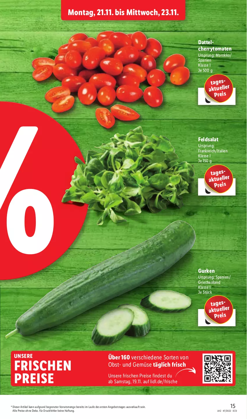 Aktueller Prospekt Lidl - Aktionsprospekt - von 21.11 bis 26.11.2022 - strona 43 - produkty: angebot, cherrytomaten, eis, elle, feldsalat, gurke, gurken, obst, reis, salat, Ti, tomate, tomaten, und gemüse, ZTE