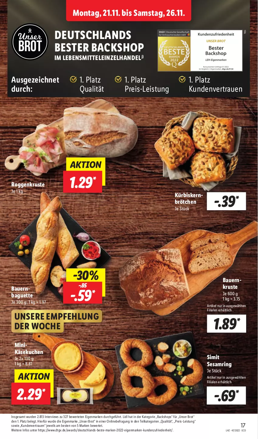 Aktueller Prospekt Lidl - Aktionsprospekt - von 21.11 bis 26.11.2022 - strona 45 - produkty: auer, baguette, Bau, Bauer, brot, brötchen, eis, Käse, käsekuchen, kuchen, Kürbis, Kürbiskernbrötchen, lebensmittel, reis, ring, sesam, Sesamring, sim, Ti