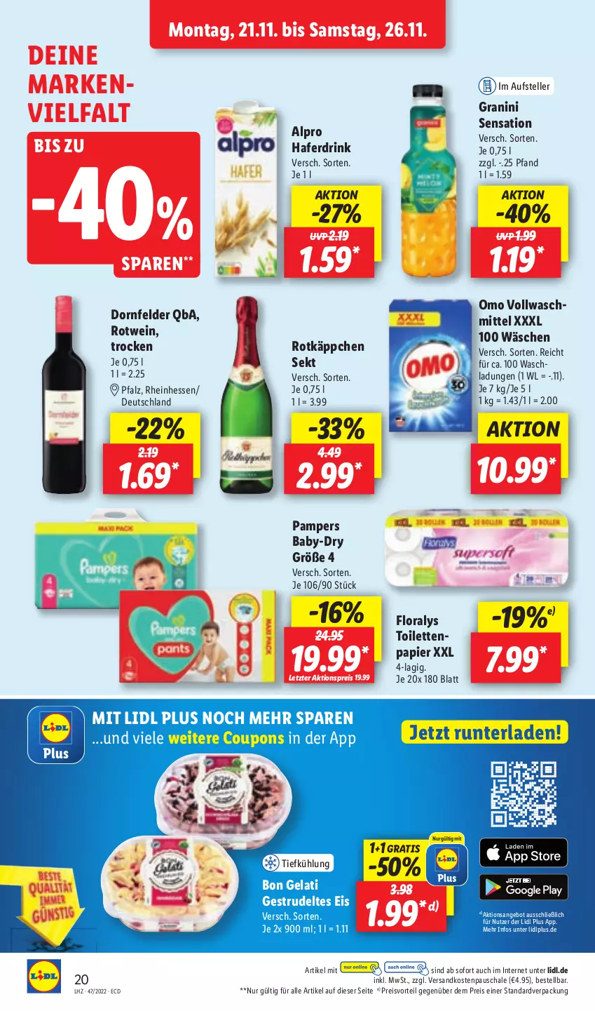 Aktueller Prospekt Lidl - Aktionsprospekt - von 21.11 bis 26.11.2022 - strona 48 - produkty: aktionspreis, alpro, angebot, Bon Gelati, coupon, coupons, dornfelder, drink, eis, elle, Floralys, granini, hafer, Haferdrink, Käse, ndk, pampers, papier, pasta, preisvorteil, reis, rind, rotkäppchen, rotwein, Schal, Schale, schwein, sekt, Strudel, teller, Ti, wein, ZTE