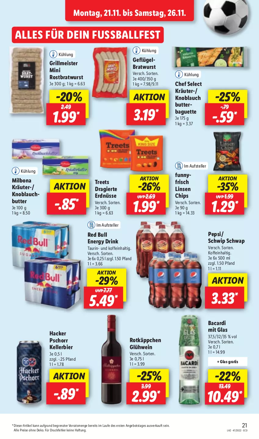 Aktueller Prospekt Lidl - Aktionsprospekt - von 21.11 bis 26.11.2022 - strona 49 - produkty: angebot, bacardi, baguette, ball, bier, Bona, bratwurst, butter, chips, drink, eis, elle, energy drink, erdnüsse, Geflügel, Glühwein, grill, hacker pschorr, kellerbier, knoblauch, Knoblauchbutter, kräuter, linsen, Meister, Milbona, pepsi, red bull, reis, rostbratwurst, rotkäppchen, Schwip Schwap, teller, Ti, wein, wurst, ZTE