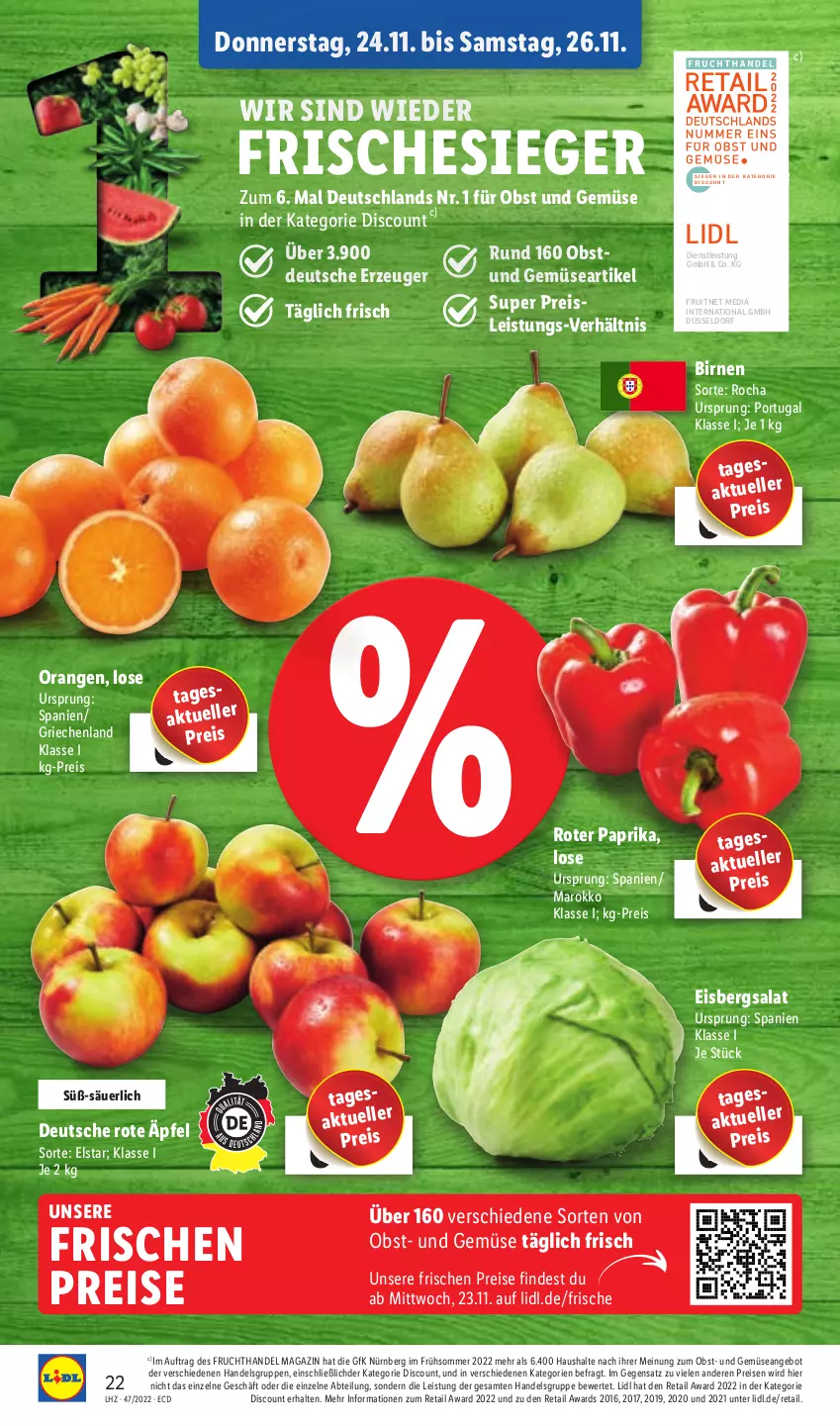 Aktueller Prospekt Lidl - Aktionsprospekt - von 21.11 bis 26.11.2022 - strona 50 - produkty: Abtei, angebot, Birnen, discount, eis, eisbergsalat, elle, ente, frucht, magazin, obst, Obst und Gemüse, orange, orangen, paprika, reis, salat, Ti, und gemüse