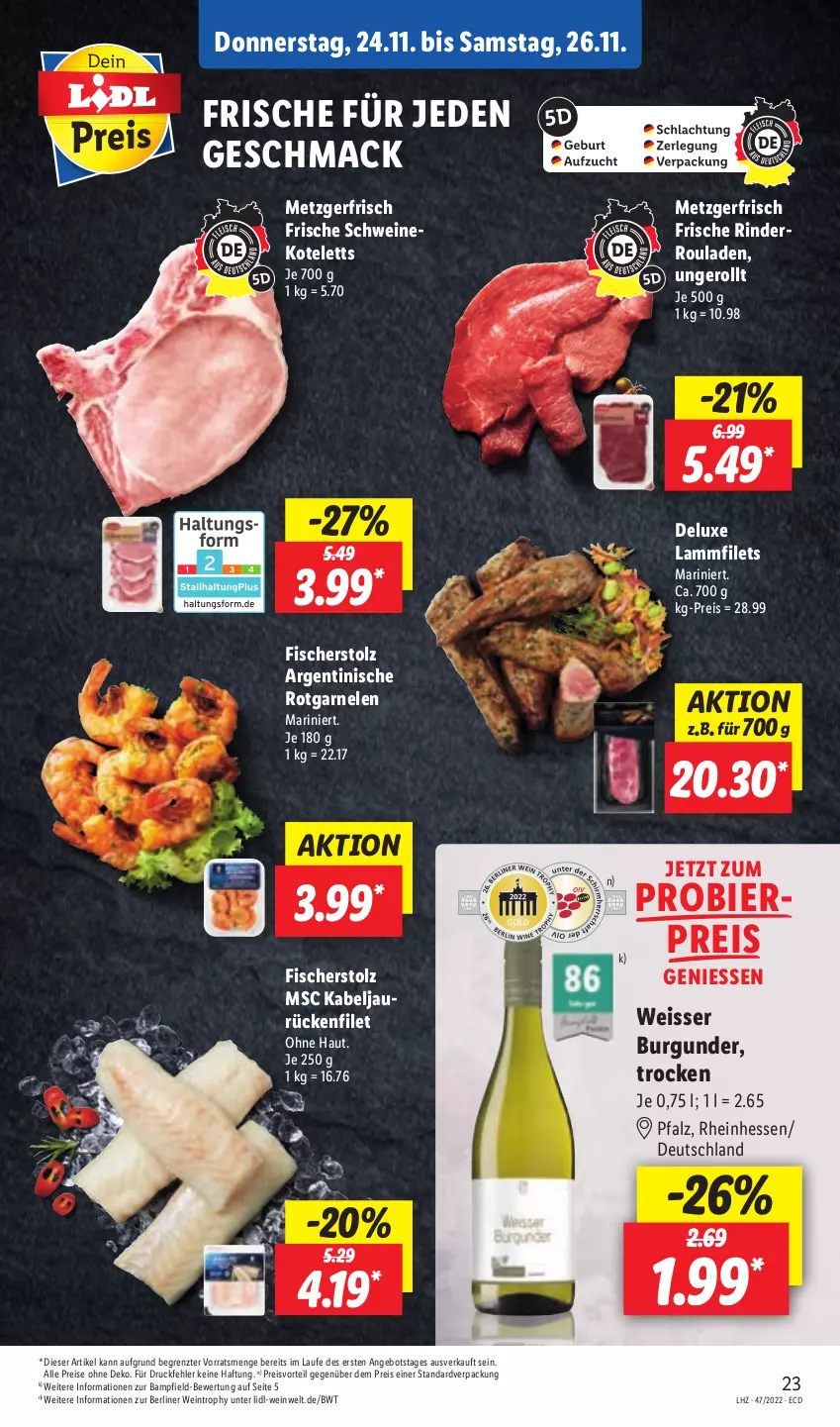 Aktueller Prospekt Lidl - Aktionsprospekt - von 21.11 bis 26.11.2022 - strona 51 - produkty: angebot, berliner, bier, burgunder, eis, filet, filets, fisch, fische, Fischer, garnelen, kotelett, lamm, Lammfilets, mac, preisvorteil, reis, rind, rinder, Rinderroulade, rinderrouladen, rouladen, schwein, schweine, schweinekotelett, Ti, wein, weine, ZTE