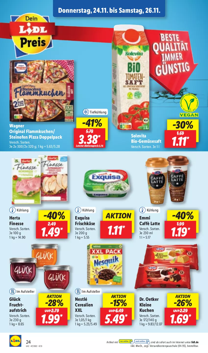 Aktueller Prospekt Lidl - Aktionsprospekt - von 21.11 bis 26.11.2022 - strona 52 - produkty: aktionspreis, aufstrich, bio, Bio-Gemüse, caffè latte, cerealien, Dr. Oetker, eis, elle, emmi, exquisa, exquisa frischkäse, finesse, flammkuchen, frischkäse, frucht, fruchtaufstrich, gin, herta, herta finesse, Käse, kuchen, lamm, latte, leine, ndk, nestlé, Ofen, pizza, reis, saft, Schal, Schale, steinofen, steinofen pizza, teller, Ti, vita, wagner, ZTE