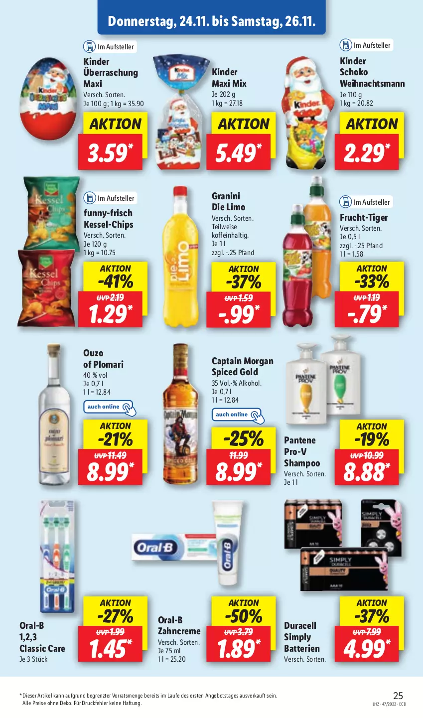 Aktueller Prospekt Lidl - Aktionsprospekt - von 21.11 bis 26.11.2022 - strona 53 - produkty: alkohol, angebot, batterie, batterien, Cap, captain morgan, chips, creme, eis, elle, frucht, funny-frisch, granini, granini die limo, Kinder, Kinder Maxi, limo, oral-b, ouzo, pantene, pantene pro-v, pro-v, reis, schoko, shampoo, sim, teller, Ti, zahncreme, ZTE