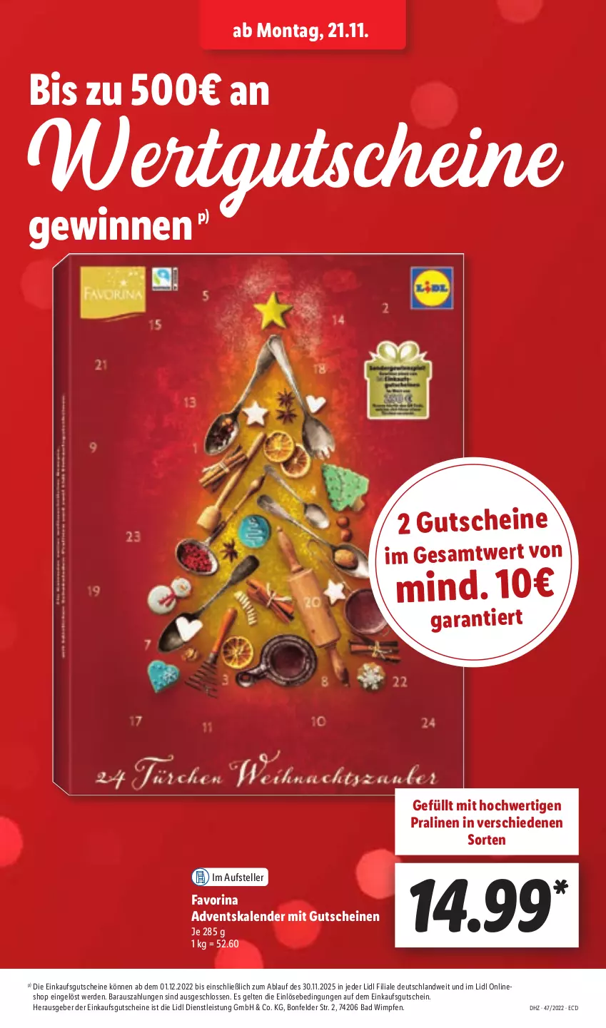 Aktueller Prospekt Lidl - Aktionsprospekt - von 21.11 bis 26.11.2022 - strona 55 - produkty: Adventskalender, Bad, eis, elle, erde, gutschein, gutscheine, pralinen, teller, Ti