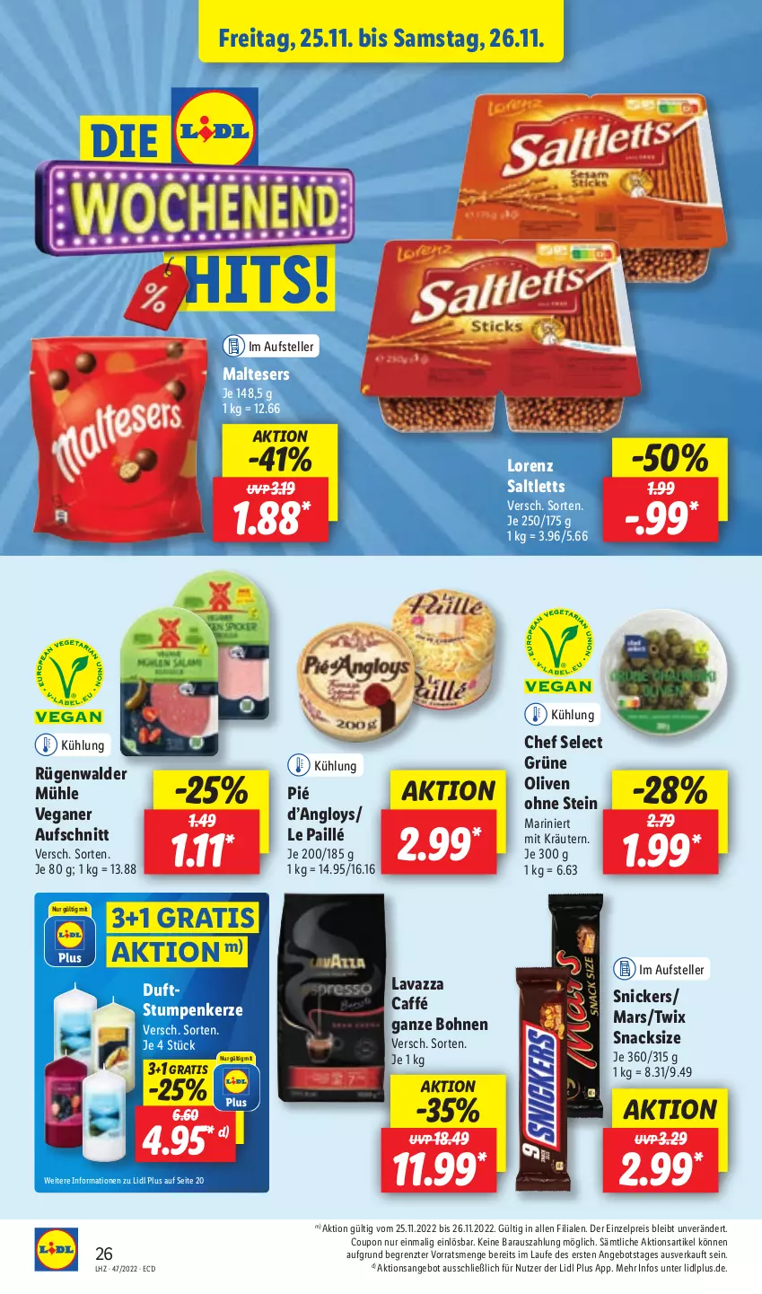 Aktueller Prospekt Lidl - Aktionsprospekt - von 21.11 bis 26.11.2022 - strona 56 - produkty: angebot, aufschnitt, bohne, bohnen, coupon, eis, elle, grüne oliven, kerze, kräuter, kräutern, lavazza, lorenz, malteser, mars, olive, oliven, reis, rügenwalder, rügenwalder mühle, saltletts, snack, snacks, snickers, teller, Ti, twix, ZTE