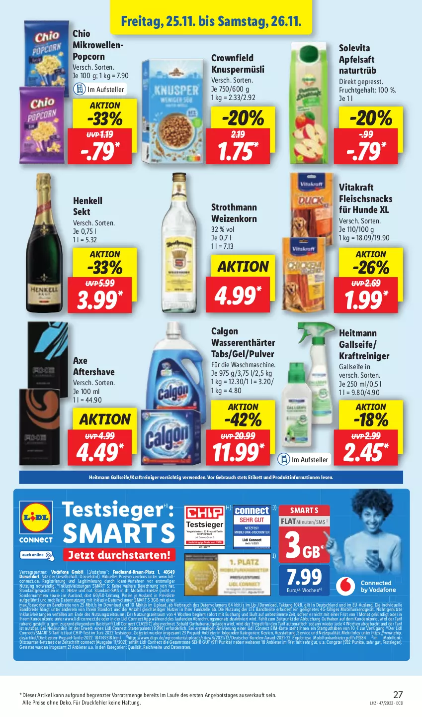 Aktueller Prospekt Lidl - Aktionsprospekt - von 21.11 bis 26.11.2022 - strona 57 - produkty: angebot, apfel, apfelsaft, auto, axe, braun, Brei, buch, calgon, congstar, discount, eis, elle, fleisch, frucht, gin, heitmann, henkel, henkell, henkell sekt, inklusivleistungen, Knuspermüsli, korn, kraft, Laufen, LG, Liege, mikrowelle, müsli, natur, popcorn, Rauch, reiniger, reis, rwe, saft, Seife, sekt, sim, snack, snacks, Soda, teller, Ti, tisch, vita, vitakraft, vodafone, waschmaschine, wasser, wasserenthärter, Wasserenthärter Tabs, weizenkorn, ZTE