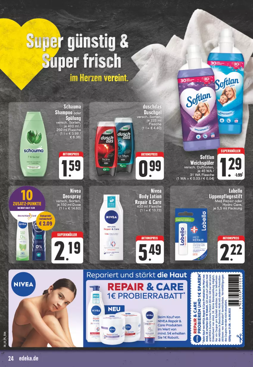 Aktueller Prospekt E Center - Angebote der Woche - von 21.08 bis 26.08.2023 - strona 24 - produkty: aktionspreis, bier, Biere, body, body lotion, coupon, coupons, creme, dusche, eier, eis, erde, flasche, Labello, Lippenpflege, Lotion, nivea, reis, schauma, shampoo, Softlan, Ti, weichspüler