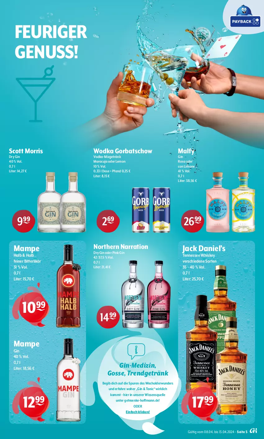 Aktueller Prospekt Getraenke Hoffmann - Prospekte - von 08.04 bis 13.04.2024 - strona 5 - produkty: dry gin, elle, getränk, gin, Gorbatschow, jack daniel, Jack Daniel’s, likör, limo, mam, maracuja, Mixgetränk, nuss, tennessee whiskey, Ti, tonic, vodka, whiskey, wodka